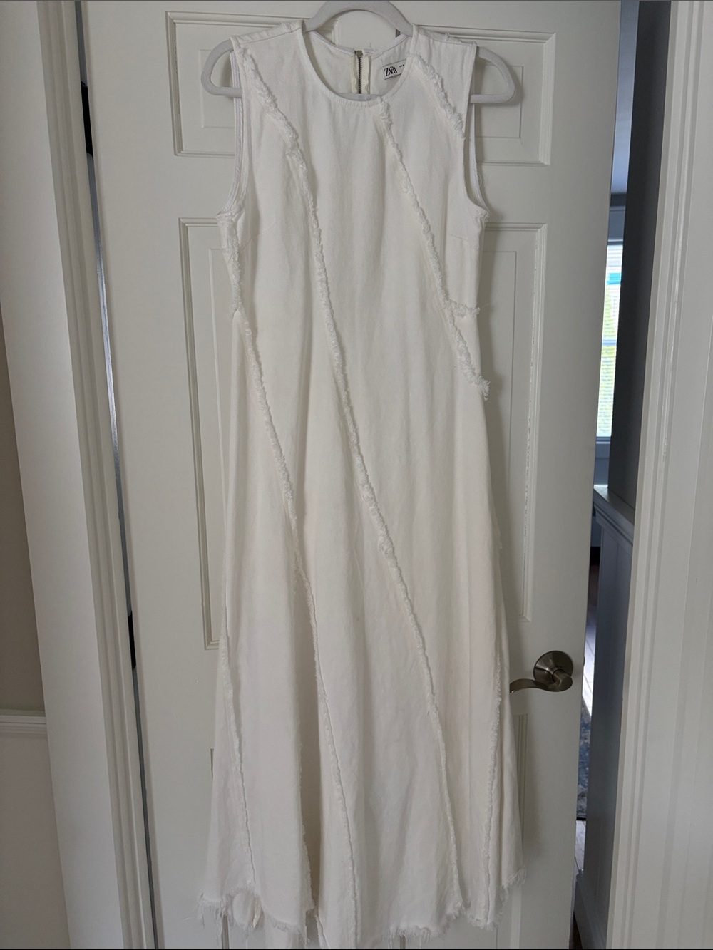 Zara White Sleeveless Fringe-Trim Maxi Dress